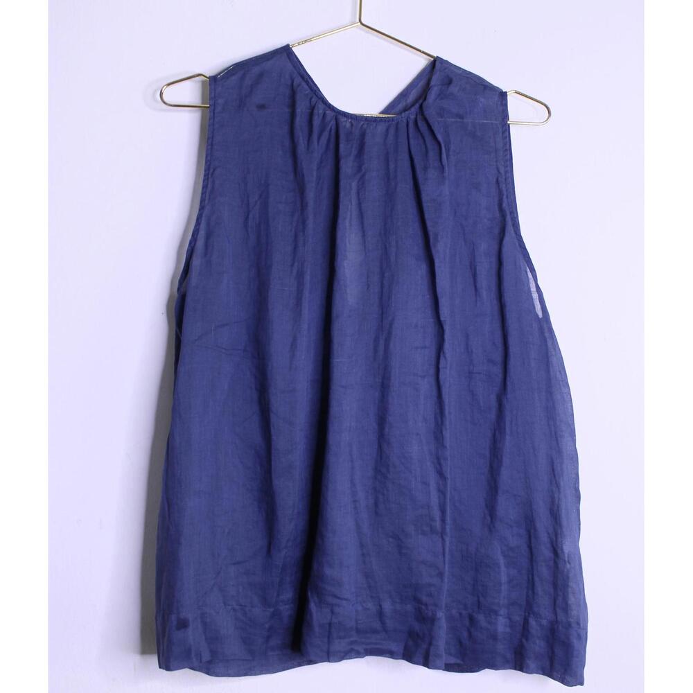 Navy Blue Ramie Linen Sleeveless Keyhole Blouse - Large